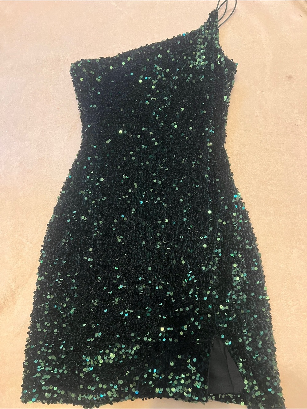 One-Shoulder Green Dress with Iridescent Sequins